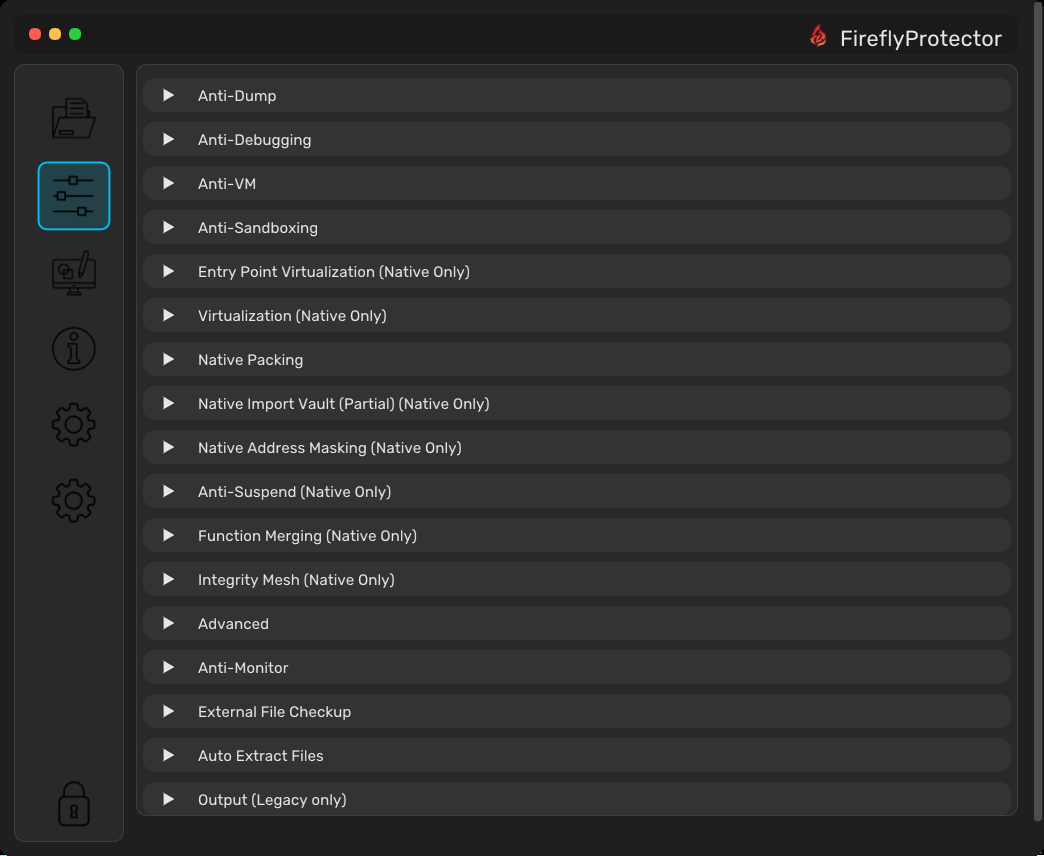 FireflyProtector GUI in dark mode
